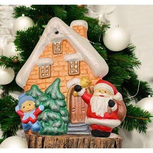 Vintage Santa Christmas Ornament Winter House Scene with Child